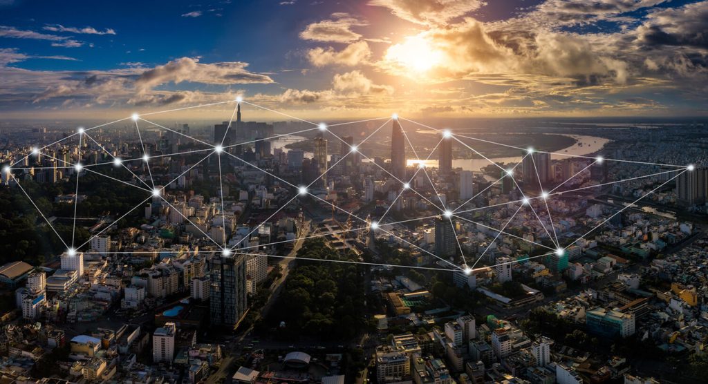 Cityscape of Ho Chi Minh City in Vietnam and network connection concept , Network in center of heart business district near Saigon river